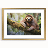 Framed wall art featuring a sloth design from the "Animals - A Wild Life" collection, showcasing a gold mat and elegant frame, ideal for nature-themed decor.