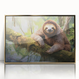 Framed wall art featuring a stylish sloth design with a gold-acrylic finish, showcasing vibrant colors and intricate details, perfect for animal lovers' decor.