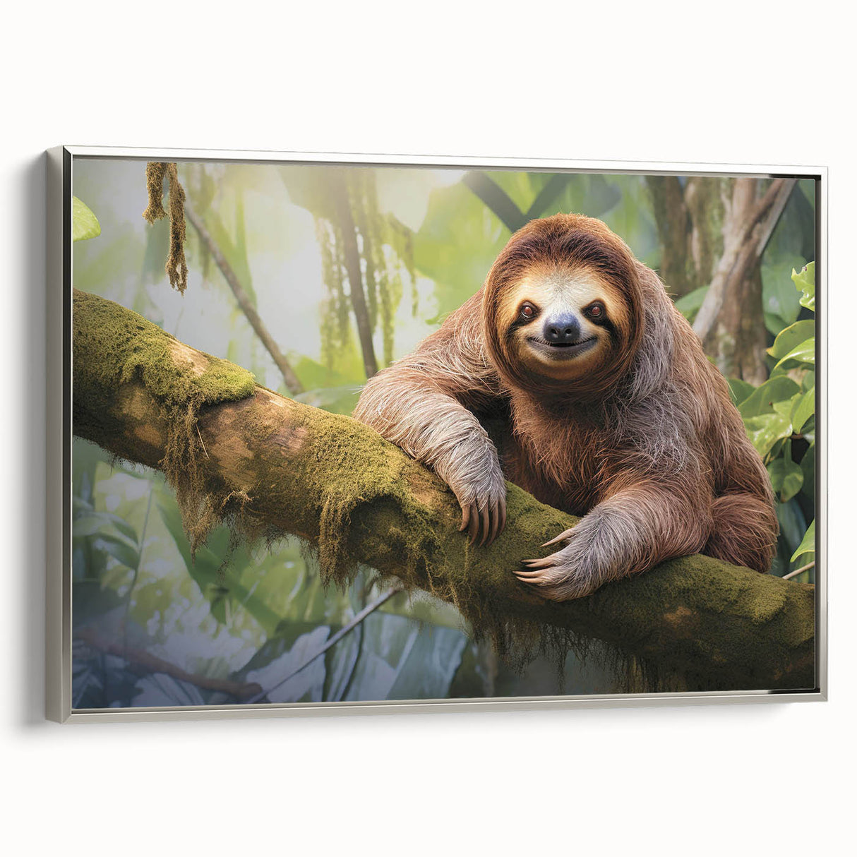 Framed wall art featuring a sloth design from the "Animals A Wild Life" collection, showcasing a silver frame and vibrant colors, perfect for animal lovers' decor.