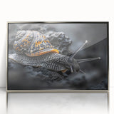 Framed wall art featuring a whimsical snail design in vibrant colors, set against a sleek silver background, perfect for adding a touch of nature-inspired decor to any room.