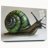 Side view of a colorful snail design wall art piece made from acrylic glass, showcasing vibrant hues and intricately detailed patterns, ideal for animal-themed decor.