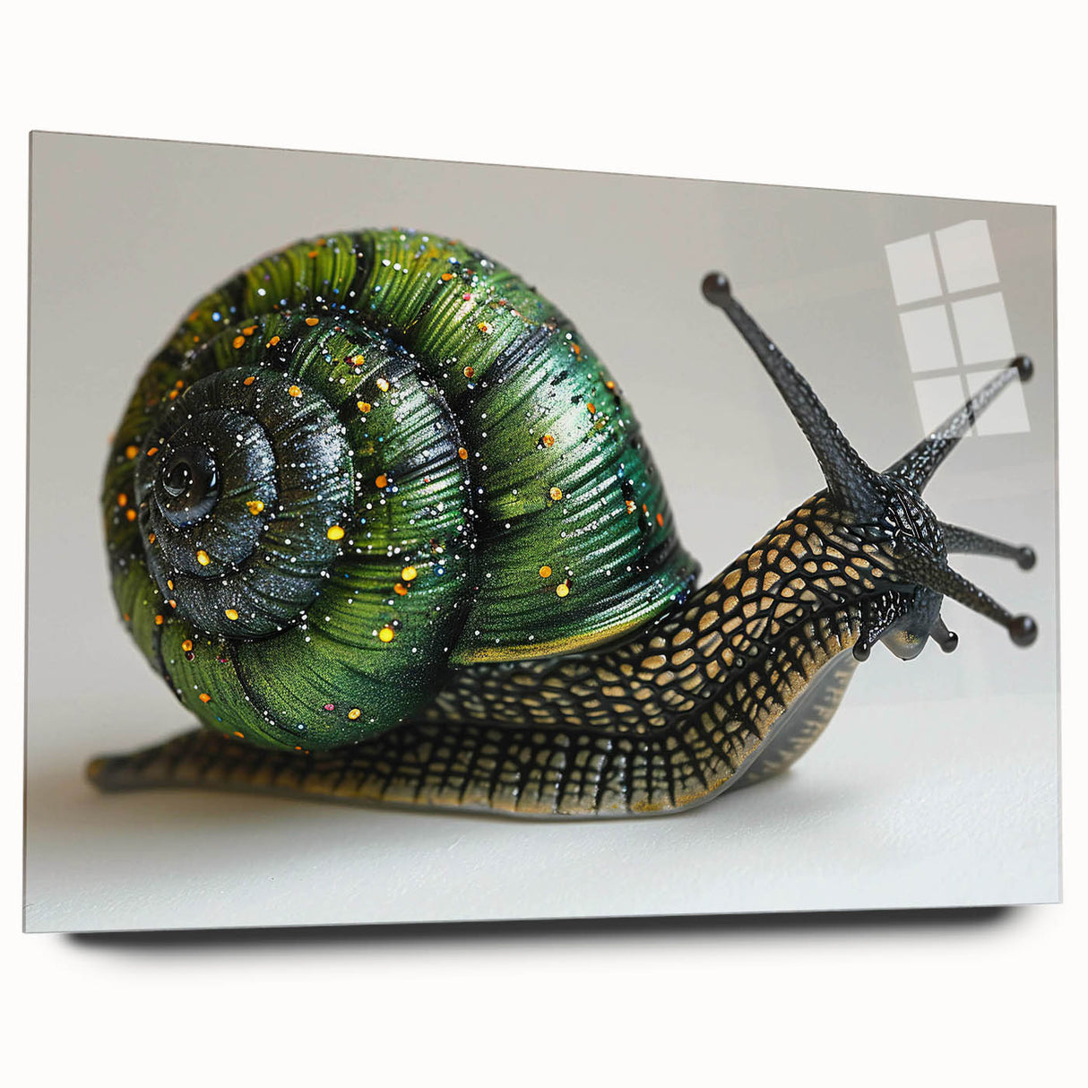 Acrylic wall art featuring a whimsical snail design, showcasing vibrant colors and detailed textures, presented in a side view without pins, ideal for nature-themed decor.