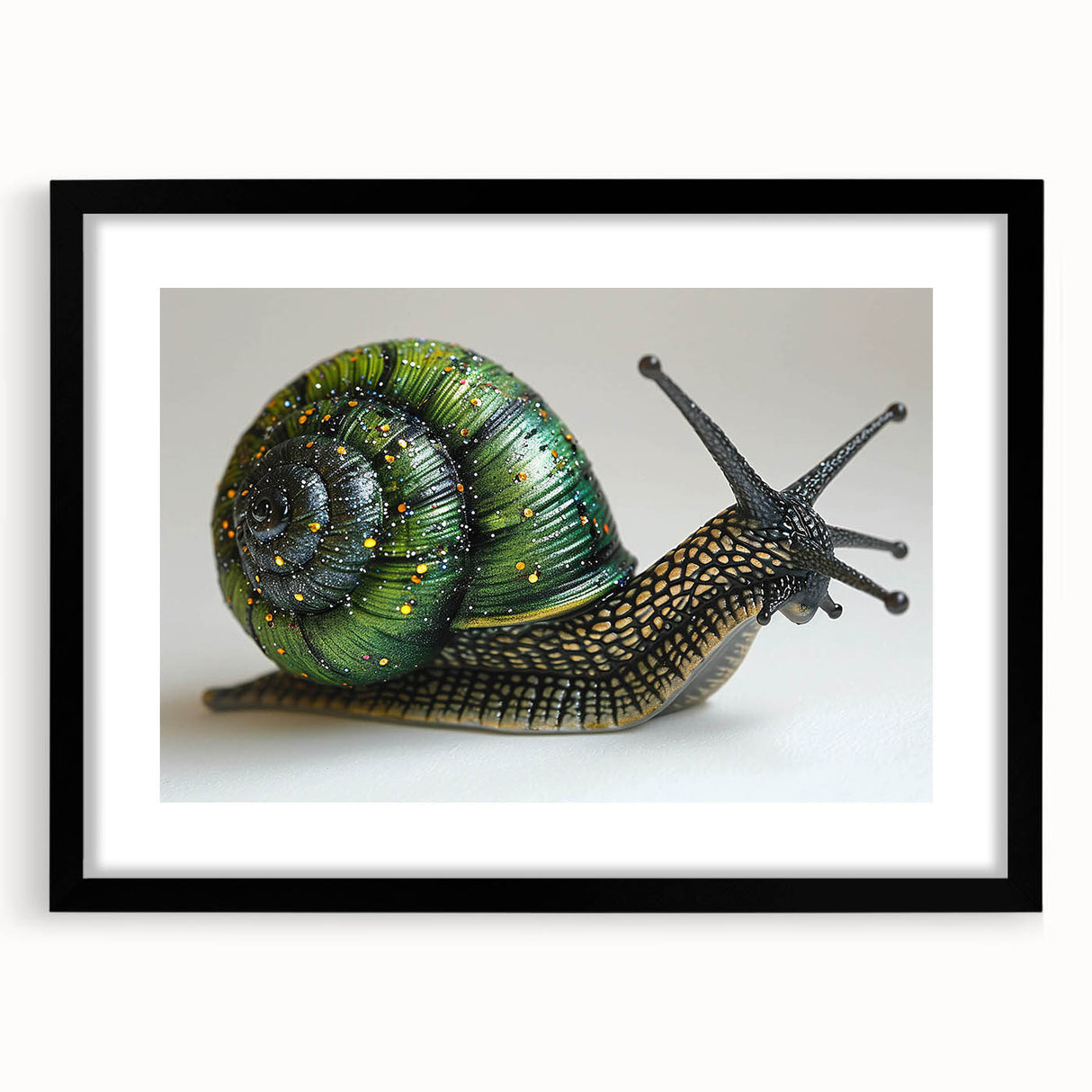 Framed wall art featuring a whimsical snail design against a black background, ideal for animal lovers and nature-themed decor. Perfect for adding a unique touch to home interiors.