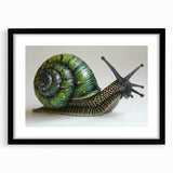 Framed wall art featuring a whimsical snail design against a black background, ideal for animal lovers and nature-themed decor. Perfect for adding a unique touch to home interiors.