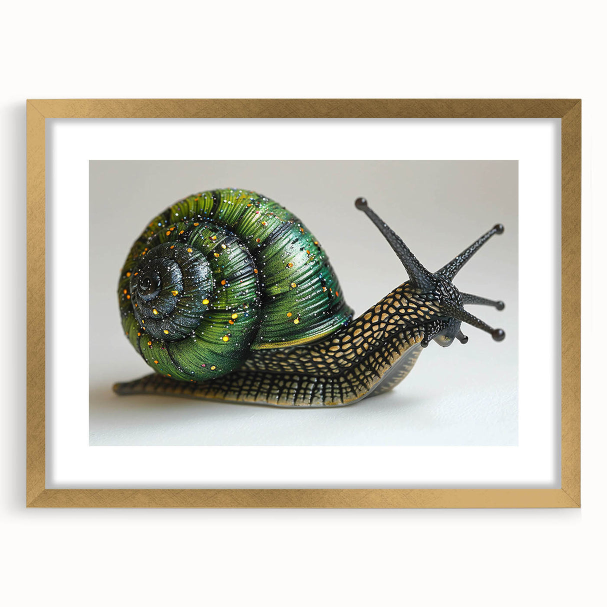 Elegant wall art featuring a gold-framed design of a whimsical snail, set against a soft mat background, perfect for enhancing home decor with nature-inspired aesthetics.