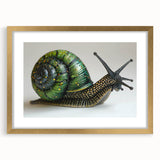 Elegant wall art featuring a gold-framed design of a whimsical snail, set against a soft mat background, perfect for enhancing home decor with nature-inspired aesthetics.