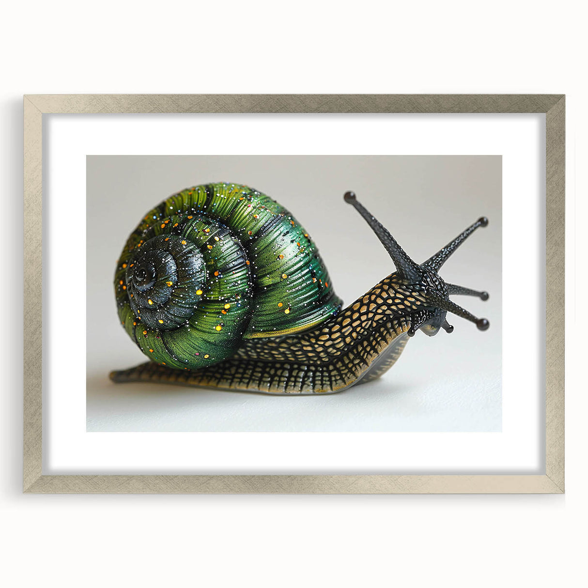 Framed wall art featuring a detailed snail design, showcasing vibrant colors and intricate patterns, with a sleek silver frame and mat, perfect for nature lovers.