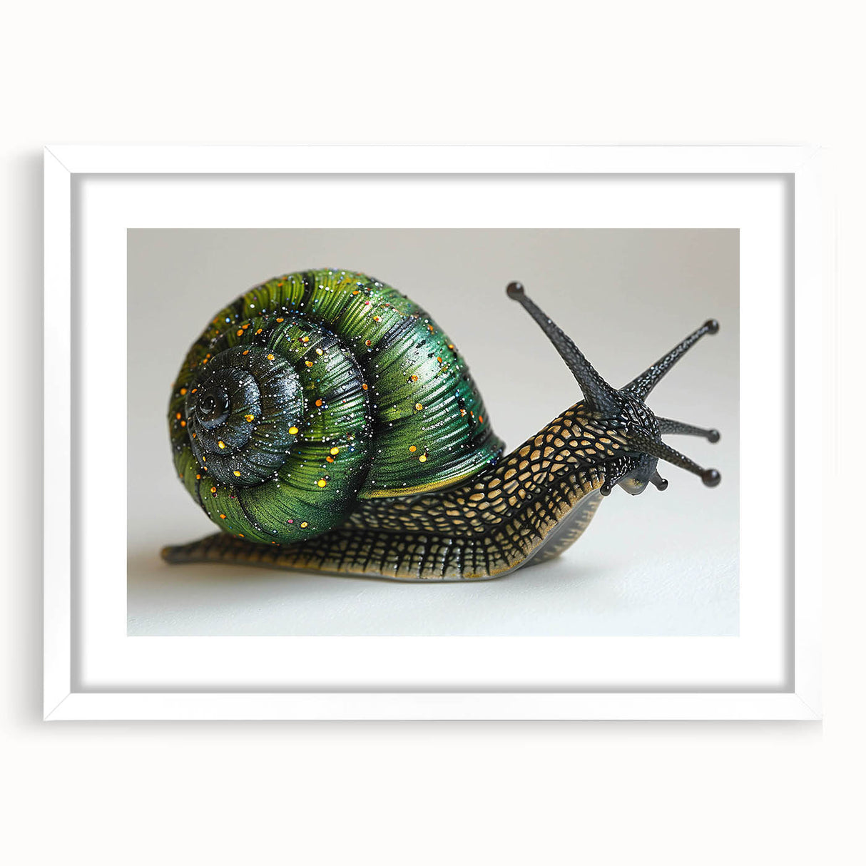 Framed wall art featuring a whimsical snail design from the Animals A Wild Life collection, presented with a white mat, perfect for nature-themed decor.