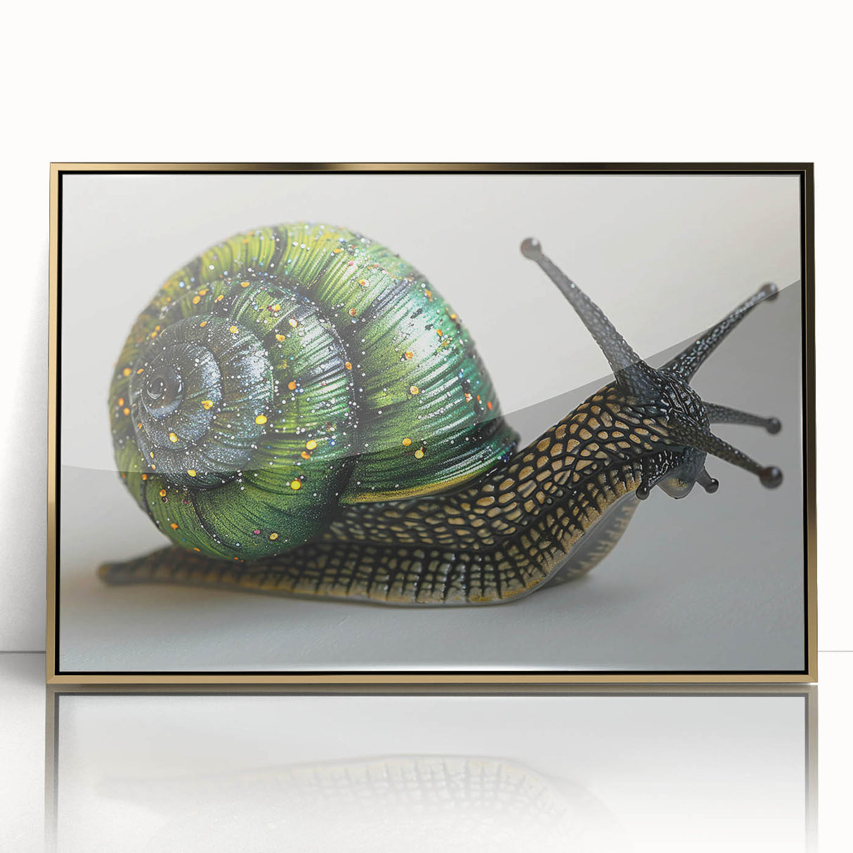 Framed acrylic wall art featuring a whimsical snail design with a gold border, ideal for adding a playful touch to modern home decor. Perfect for nature enthusiasts.