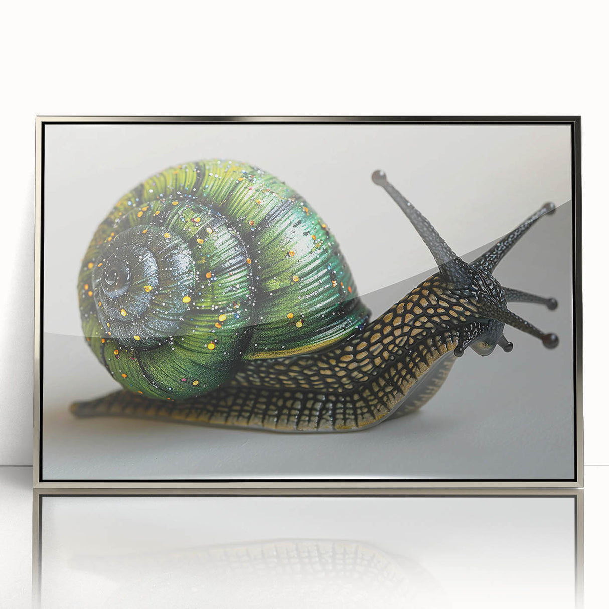 Framed wall art featuring a vibrant snail design, showcasing intricate patterns and colors on a silver-accented background, ideal for nature-inspired decor.