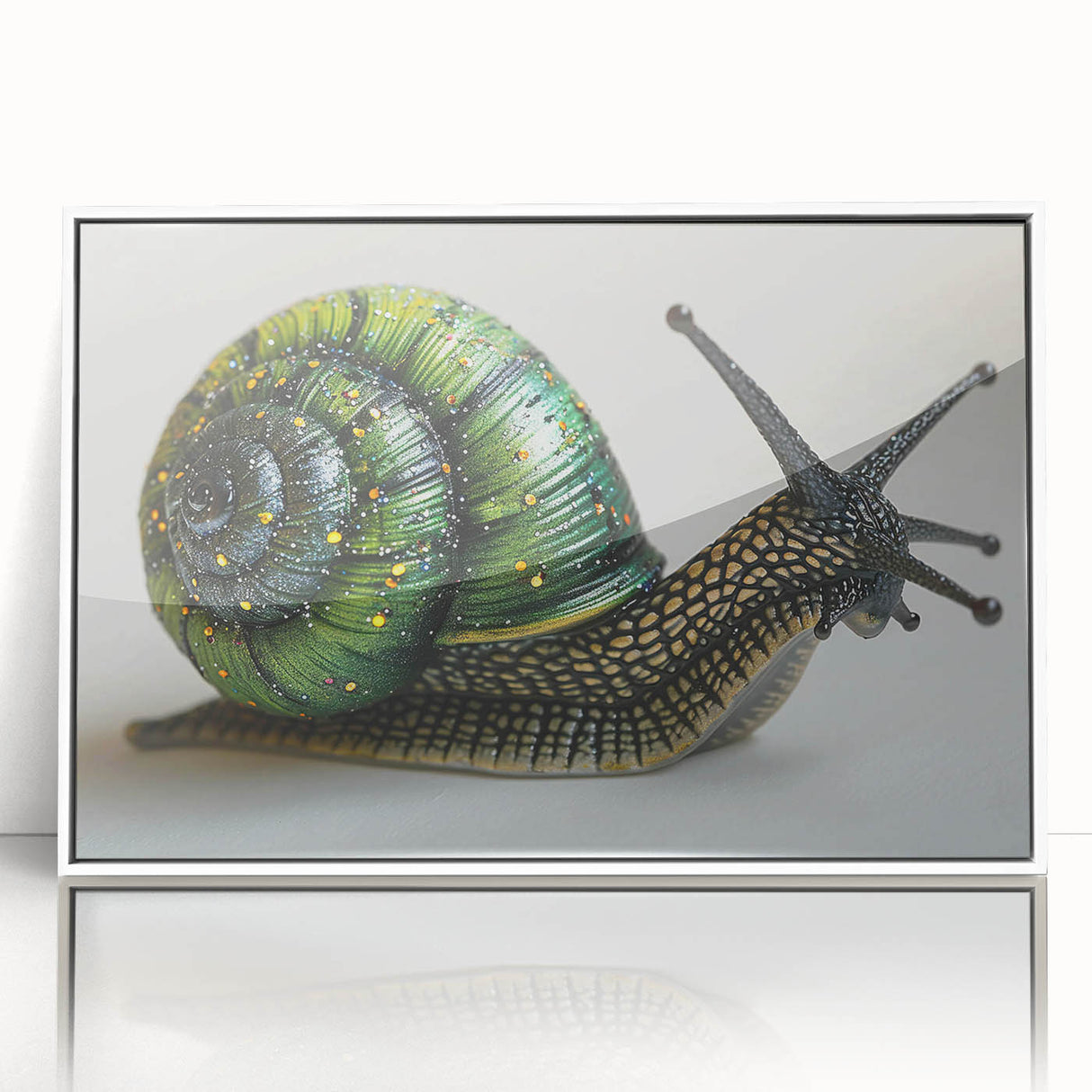 Framed acrylic wall art showcasing a whimsical snail design in vibrant colors, set against a white background, ideal for animal-themed decor.
