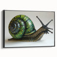 Framed wall art featuring a whimsical snail design on a textured canvas, with a black frame, showcasing vibrant colors and intricate details, perfect for nature-themed decor.