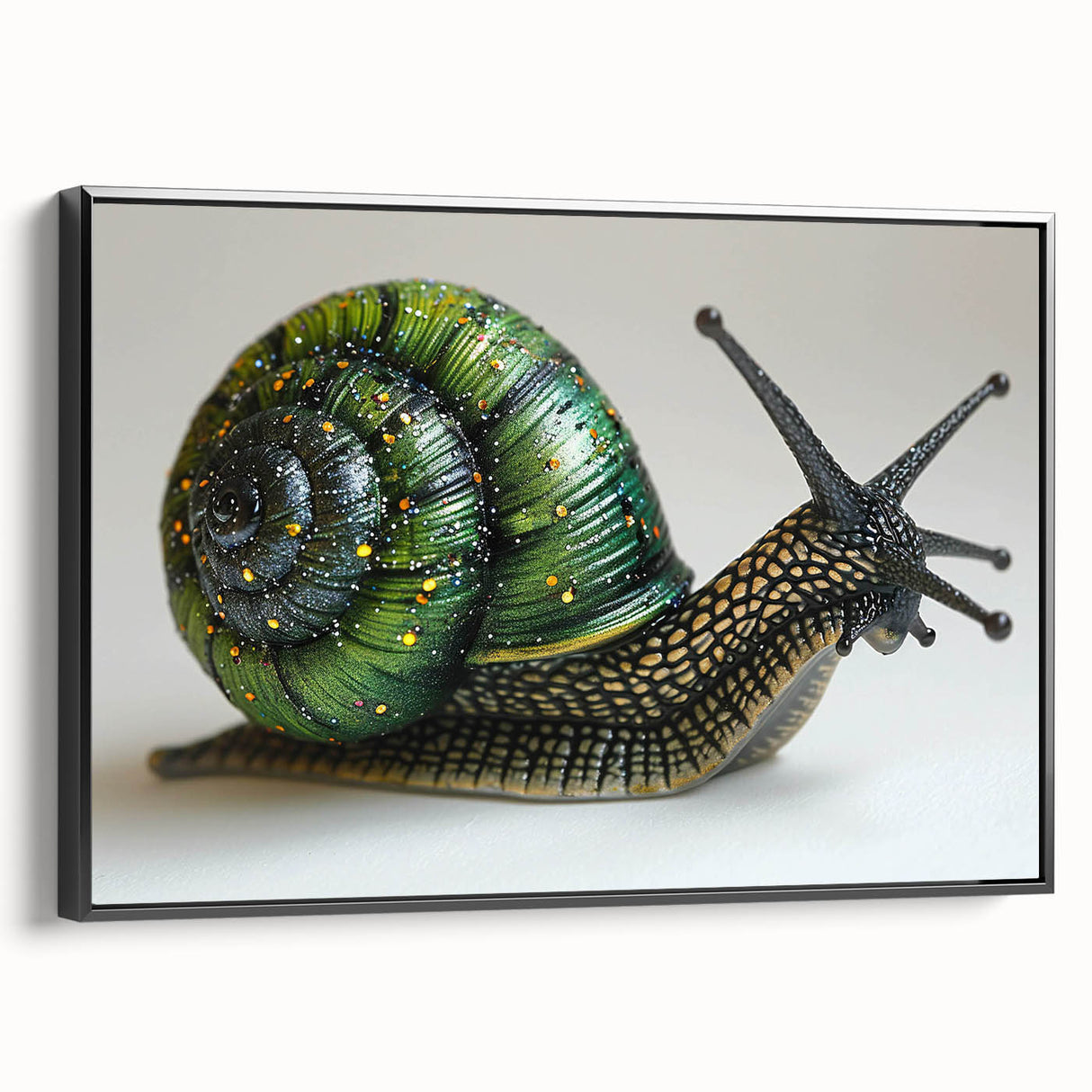 Framed wall art featuring a whimsical snail design on a textured canvas, with a black frame, showcasing vibrant colors and intricate details, perfect for nature-themed decor.