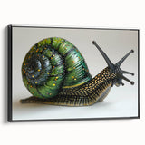 Framed wall art featuring a whimsical snail design on a textured canvas, with a black frame, showcasing vibrant colors and intricate details, perfect for nature-themed decor.