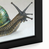 Close-up of a vibrant framed canvas wall art depicting a whimsical snail design, showcasing intricate details and bright colors, perfect for home decor.