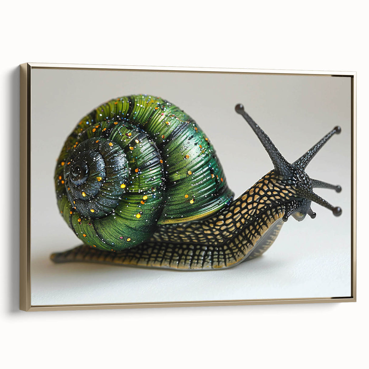 Framed wall art featuring a whimsical snail design in vibrant colors, set against a gold background, perfect for adding a unique touch to home decor.