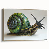 Framed wall art featuring a whimsical snail design in vibrant colors, set against a gold background, perfect for adding a unique touch to home decor.