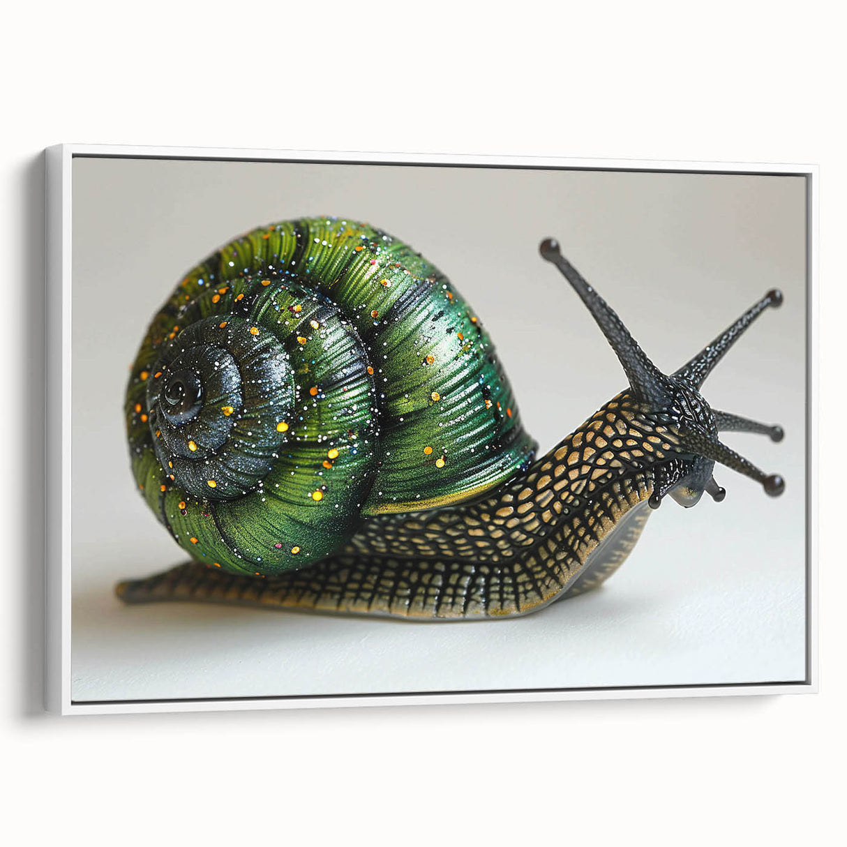 Framed wall art showcasing a colorful snail design on a textured canvas, set against a white background, perfect for adding a whimsical touch to modern decor.