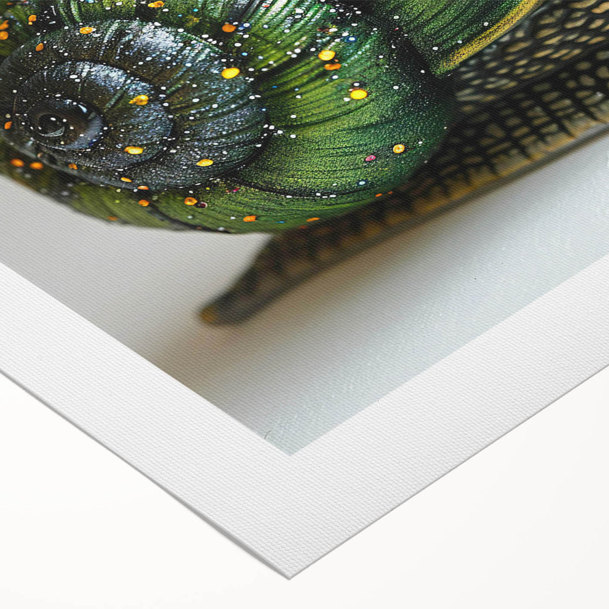 Colorful rolled canvas wall art depicting a whimsical snail design, showcasing vibrant patterns and textures, ideal for nature-inspired home decor. Perfect for adding a playful touch to any room.