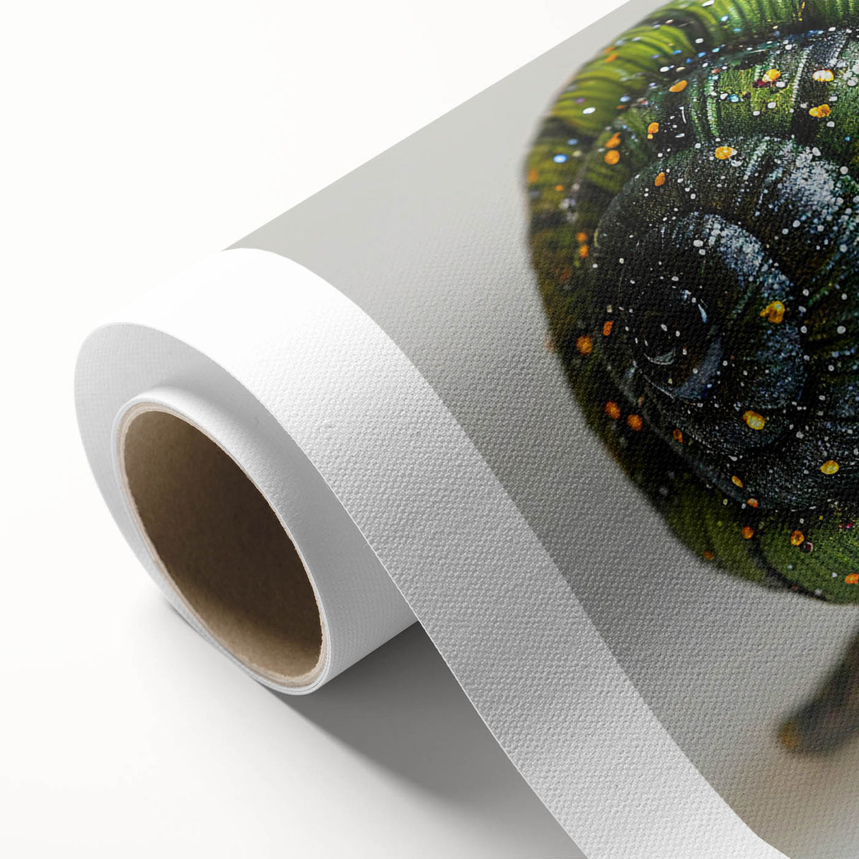 Colorful rolled canvas artwork depicting a whimsical snail design, perfect for adding a playful touch to any space. The vibrant colors and intricate details make it an eye-catching piece for nature or animal-themed decor.