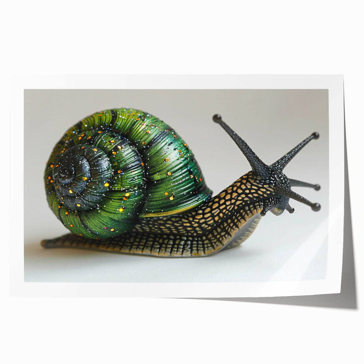 Colorful snail design wall art print showcasing intricate patterns against a vibrant background, ideal for adding a whimsical touch to home decor.