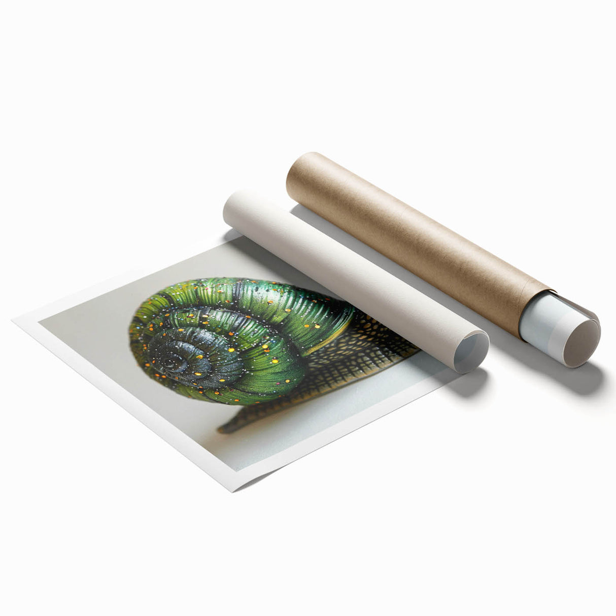 Vibrant wall art print featuring a whimsical snail design, showcasing intricate details and bright colors, ideal for nature-themed decor or children's rooms.