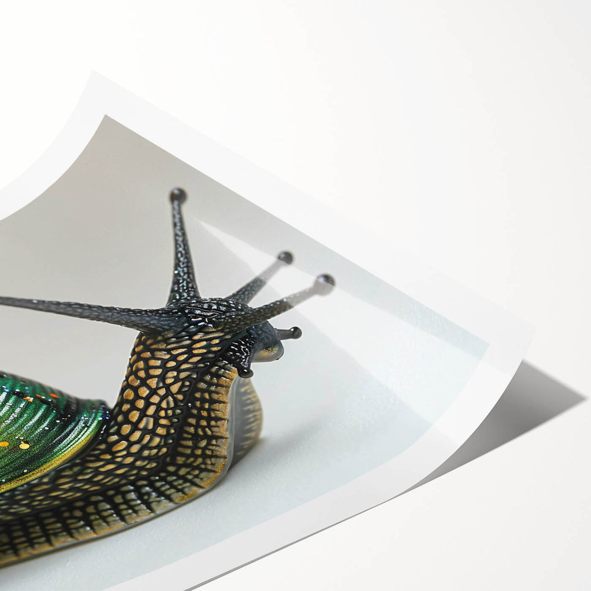 Colorful rolled wall art print featuring a whimsical snail design, perfect for animal lovers, showcasing vibrant colors and intricate details, packaged securely in a protective cardboard tube.
