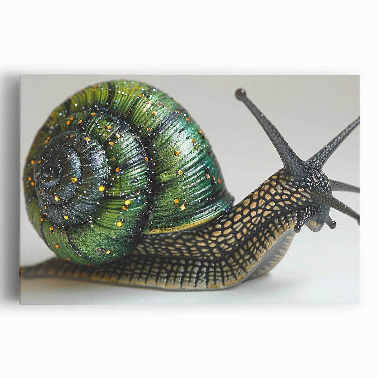 Colorful stretched canvas wall art featuring a whimsical snail design on a vibrant background, ideal for animal lovers and nature-themed decor.