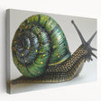 Side view of a stretched canvas wall art design featuring a colorful snail illustration, showcasing vibrant hues of blue, green, and orange, perfect for nature lovers' decor.