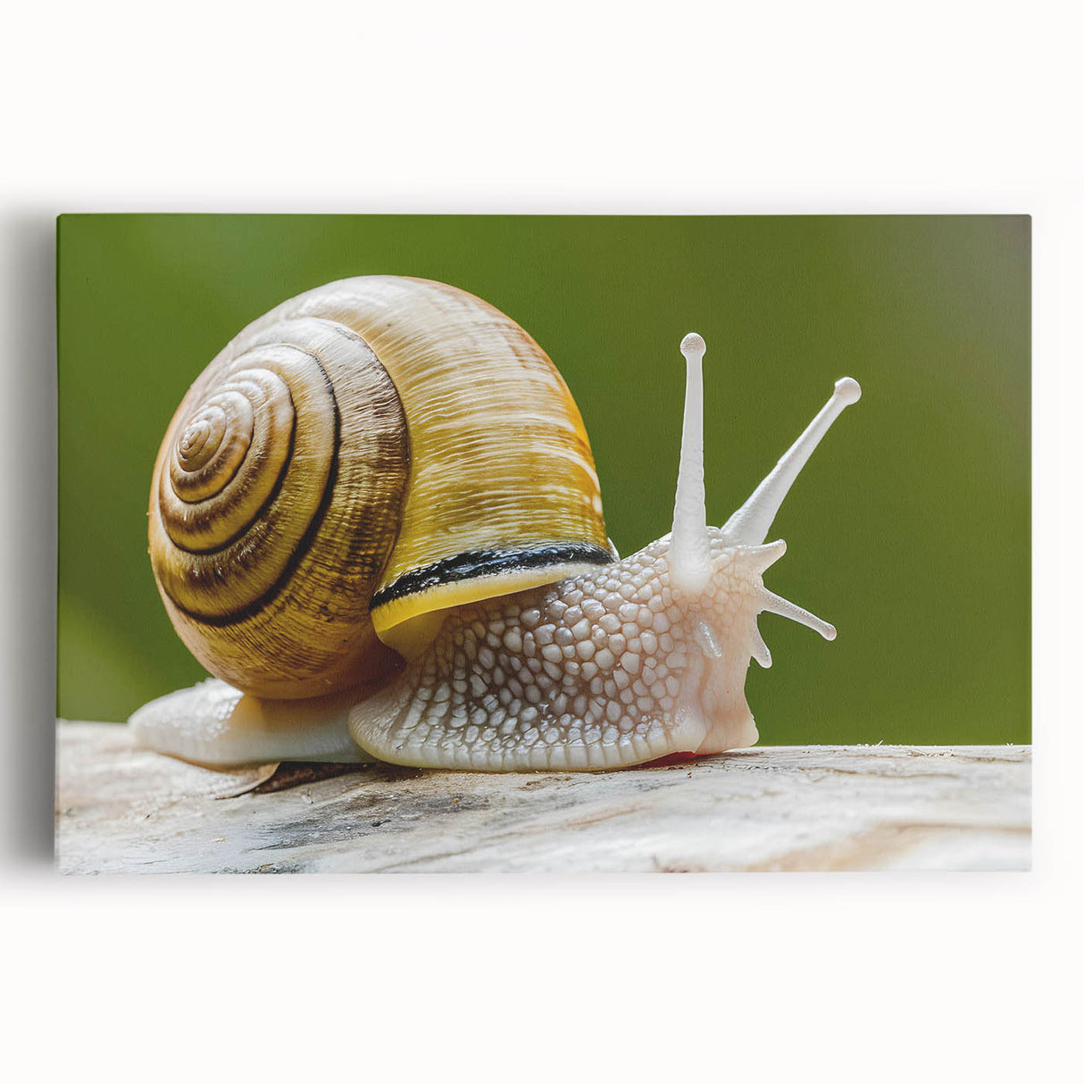Colorful snail wall art design on stretched canvas, showcasing intricate details and vibrant hues, perfect for nature lovers and home decor enthusiasts.