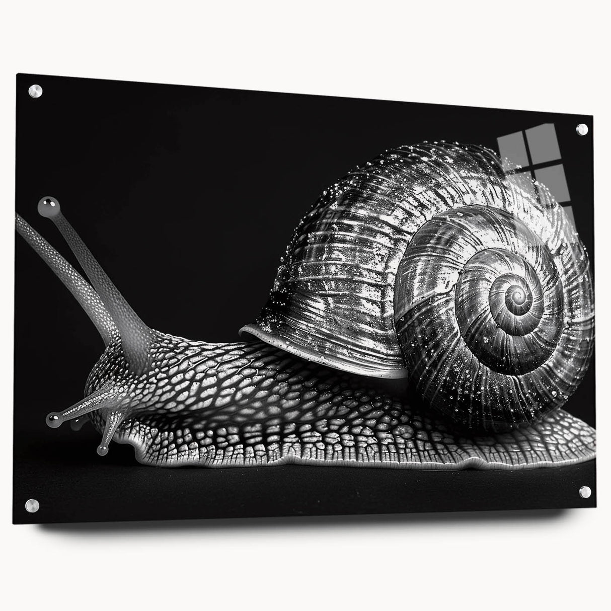 Colorful acrylic glass wall art showcasing a detailed snail design, featuring a side view with decorative pins, perfect for nature-inspired decor.