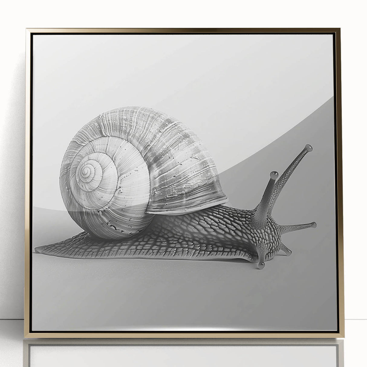 Framed wall art showcasing a detailed snail design in vibrant colors, with a gold acrylic frame, perfect for nature-themed home decor.