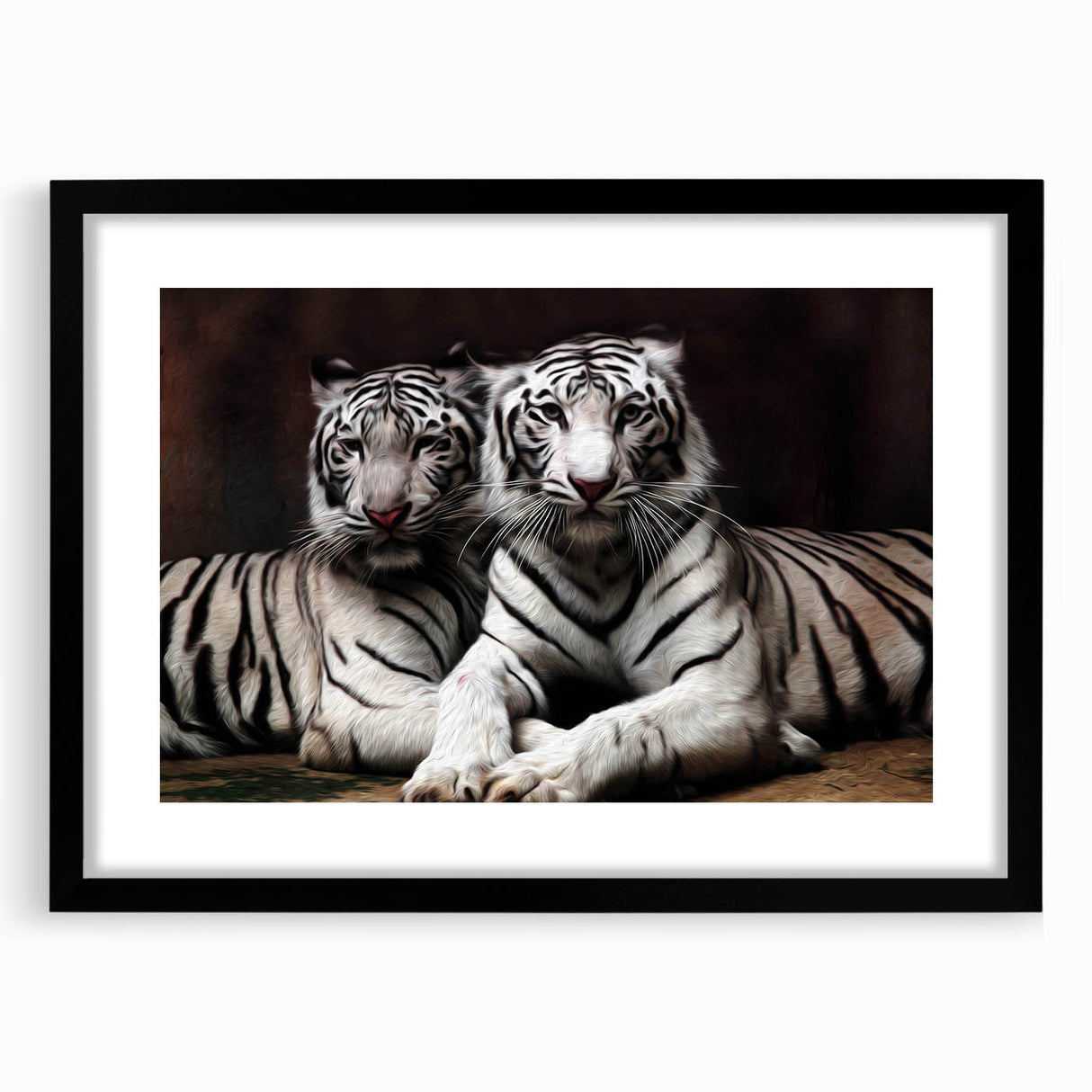 Black-framed wall art featuring a vibrant tiger design from the 'Animals: A Wild Life' collection, showcasing intricate details and bold colors, ideal for home decor.