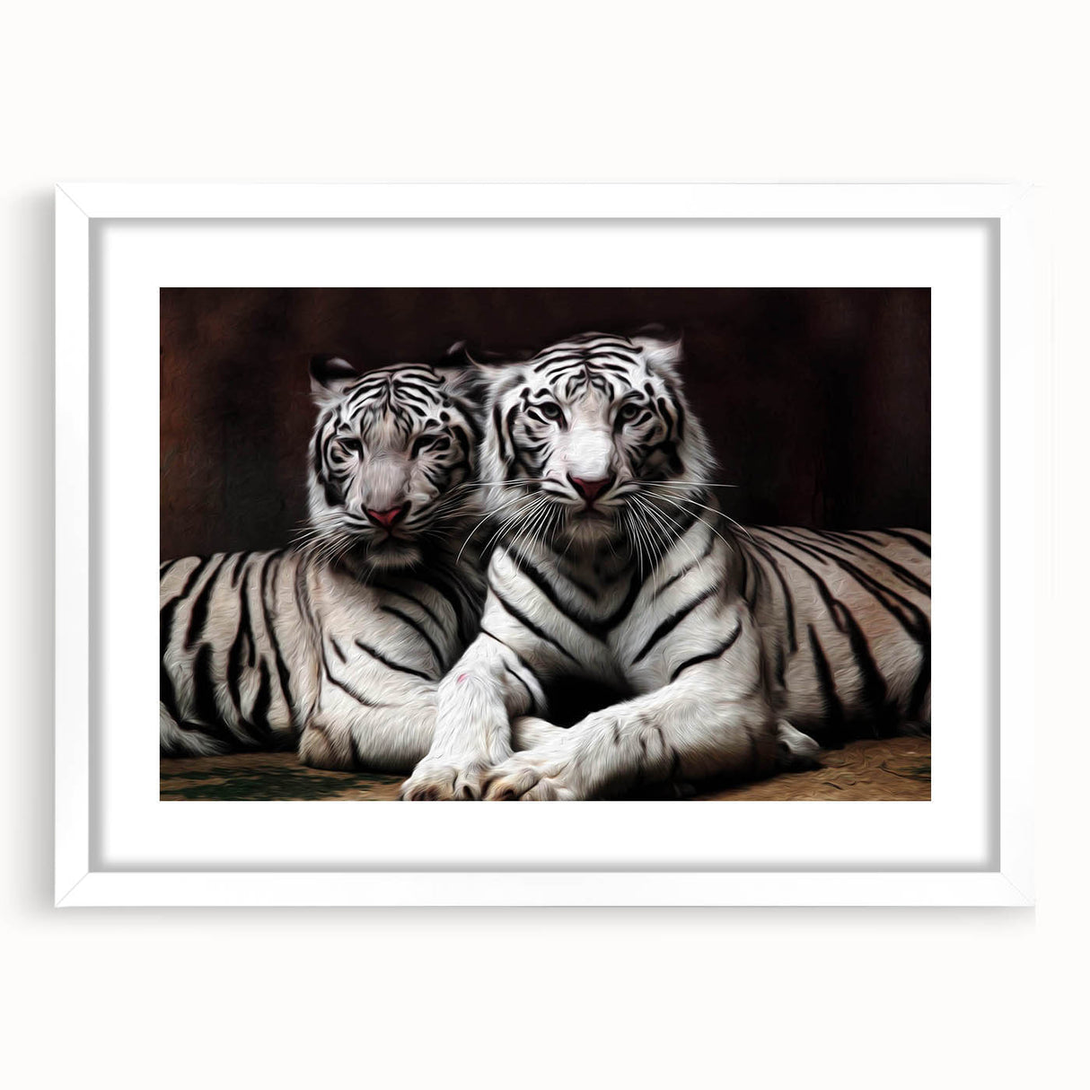 Framed wall art featuring a striking tiger design in a white mat, ideal for adding a bold wildlife touch to home decor. Perfect for animal lovers and art enthusiasts.
