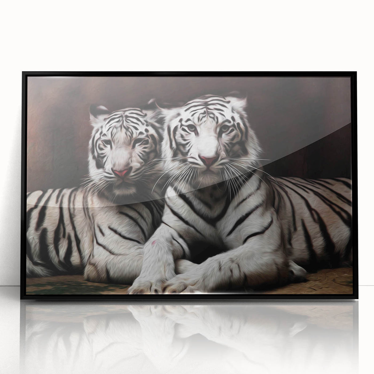 Framed acrylic wall art featuring a striking tiger design in vibrant colors, showcasing the animal's fierce expression against a sleek black background, perfect for wildlife enthusiasts.