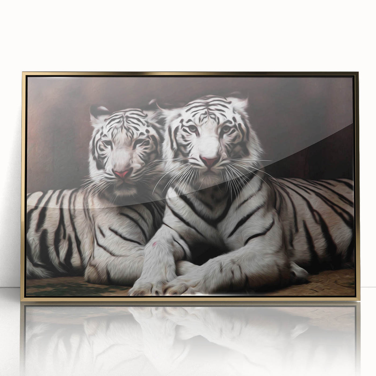 Framed wall art featuring a striking tiger design with vibrant colors and a sleek gold acrylic front, perfect for adding a touch of wildlife elegance to any interior decor.