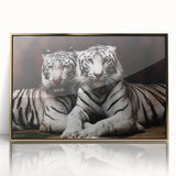 Framed wall art featuring a striking tiger design with vibrant colors and a sleek gold acrylic front, perfect for adding a touch of wildlife elegance to any interior decor.