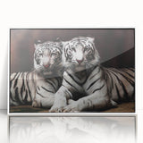 Framed acrylic wall art featuring a striking tiger design in vibrant colors, set against a clean white background, perfect for animal lovers and home decor enthusiasts.