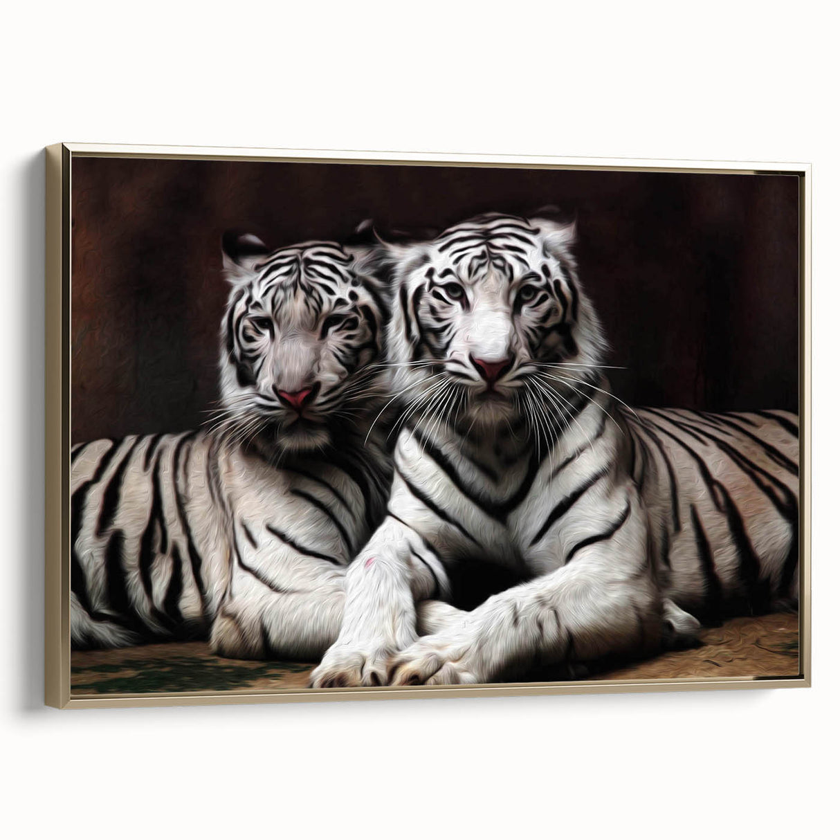 Framed wall art showcasing a majestic tiger design on canvas with a gold frame, highlighting vibrant colors and intricate details, ideal for wildlife enthusiasts' decor.