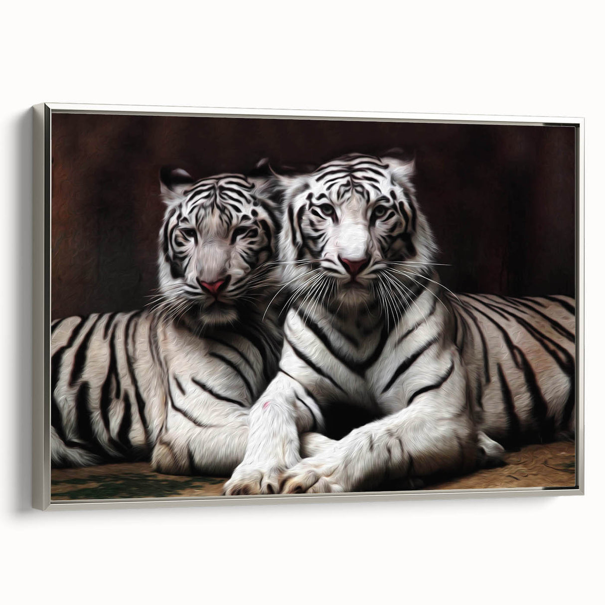Framed canvas wall art showcasing a striking silver side view of a majestic tiger, highlighting its vibrant orange and black fur against a minimalist background, perfect for wildlife enthusiasts and home decor.