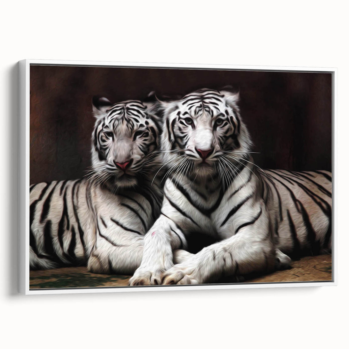 Framed canvas wall art featuring a striking tiger design, showcasing vibrant colors and intricate details, displayed against a white background for a modern aesthetic.