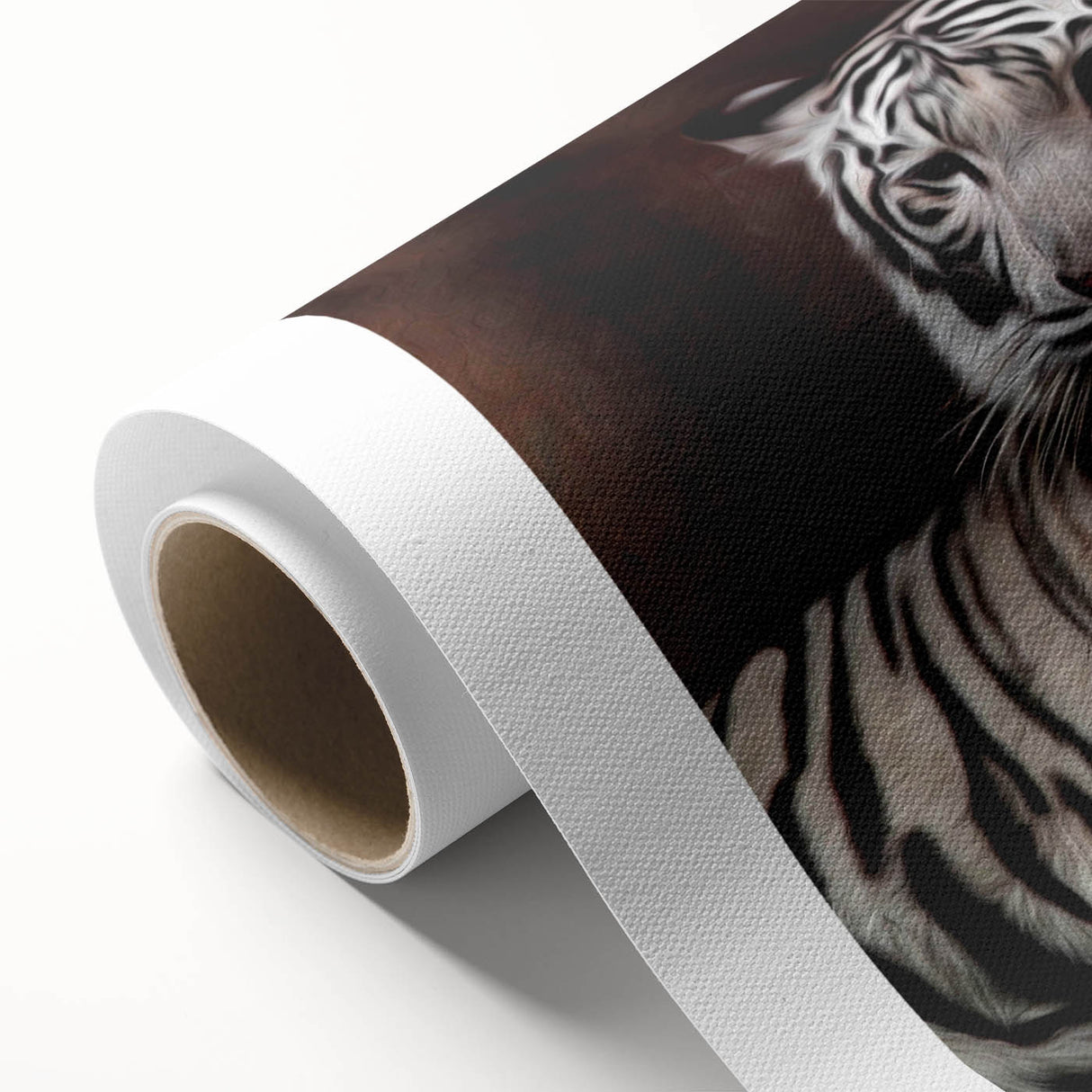 Vibrant rolled canvas artwork showcasing a striking tiger design, featuring bold colors and intricate details, perfect for animal lovers and home decor enthusiasts.