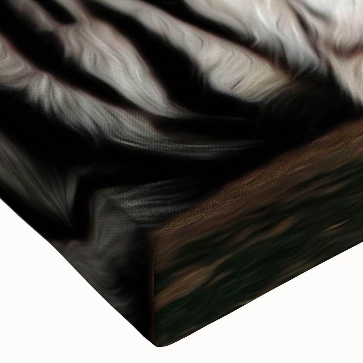 Close-up of a vibrant, stretched canvas wall art featuring a majestic tiger design, showcasing rich orange and black colors with intricate detailing, perfect for wildlife enthusiasts.