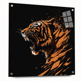 Acrylic glass wall art featuring a striking side view of a tiger in a vibrant, colorful design, mounted with pins for easy display in modern decor.