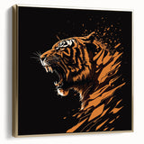 Framed wall art showcasing a majestic tiger design in vibrant colors, featuring a gold frame that highlights the artwork, perfect for wildlife enthusiasts' decor.