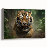 Framed wall art featuring a striking tiger design in vibrant colors, elegantly displayed with a silver frame, perfect for wildlife enthusiasts and home decor.