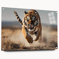 Vibrant acrylic glass wall art featuring a striking tiger design, showcasing intricate details and vivid colors, mounted with pins for easy display.