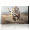 Framed wall art featuring a vibrant close-up of a tiger, showcasing its striking orange and black fur against a sleek black frame, perfect for animal lovers and home decor enthusiasts.