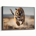 Framed wall art canvas featuring a striking tiger design in vibrant colors, set against a black background, showcasing the fierce beauty of wildlife. Perfect for animal lovers and home decor enthusiasts.