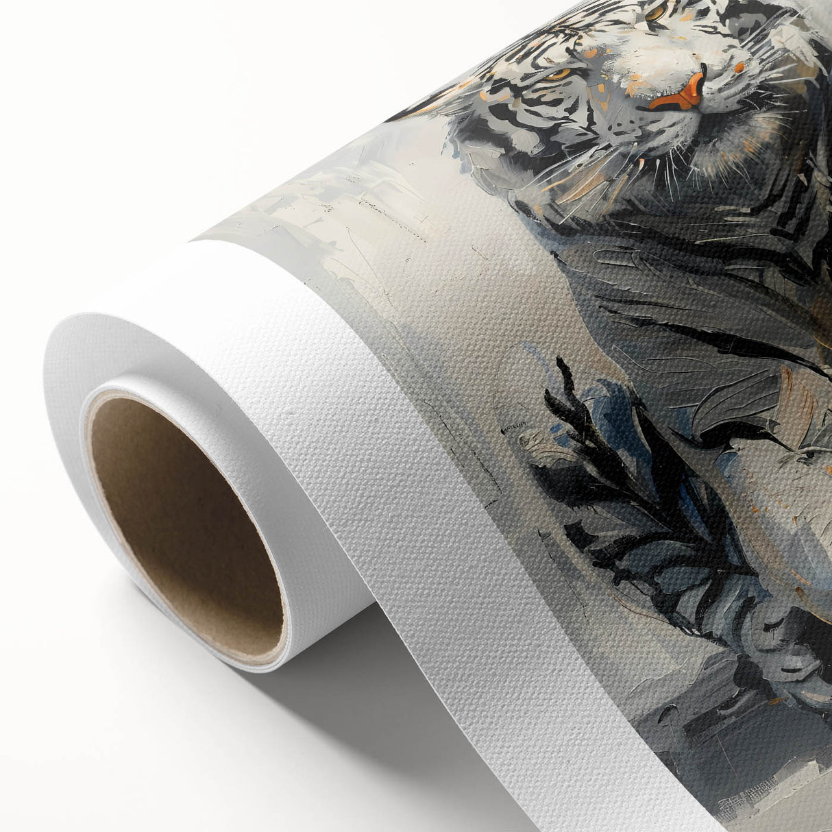 Vibrant rolled canvas wall art featuring a striking tiger design, showcasing bold colors and intricate details, perfect for wildlife enthusiasts and home decor.